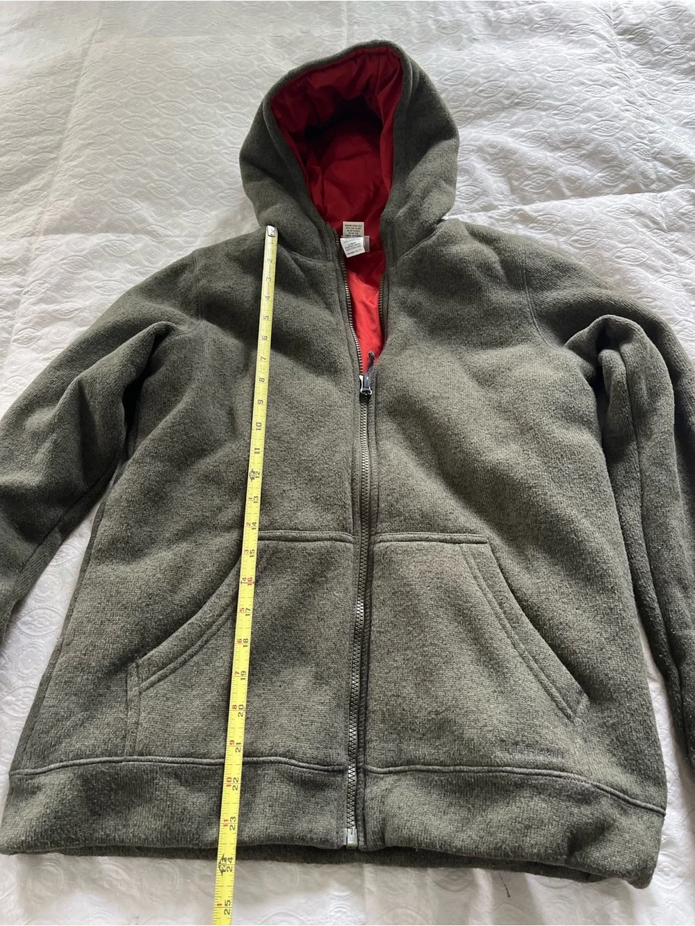 LL Bean Kids Hooded Fleece Jacket - Olive Green with Red Lining size XL / 18